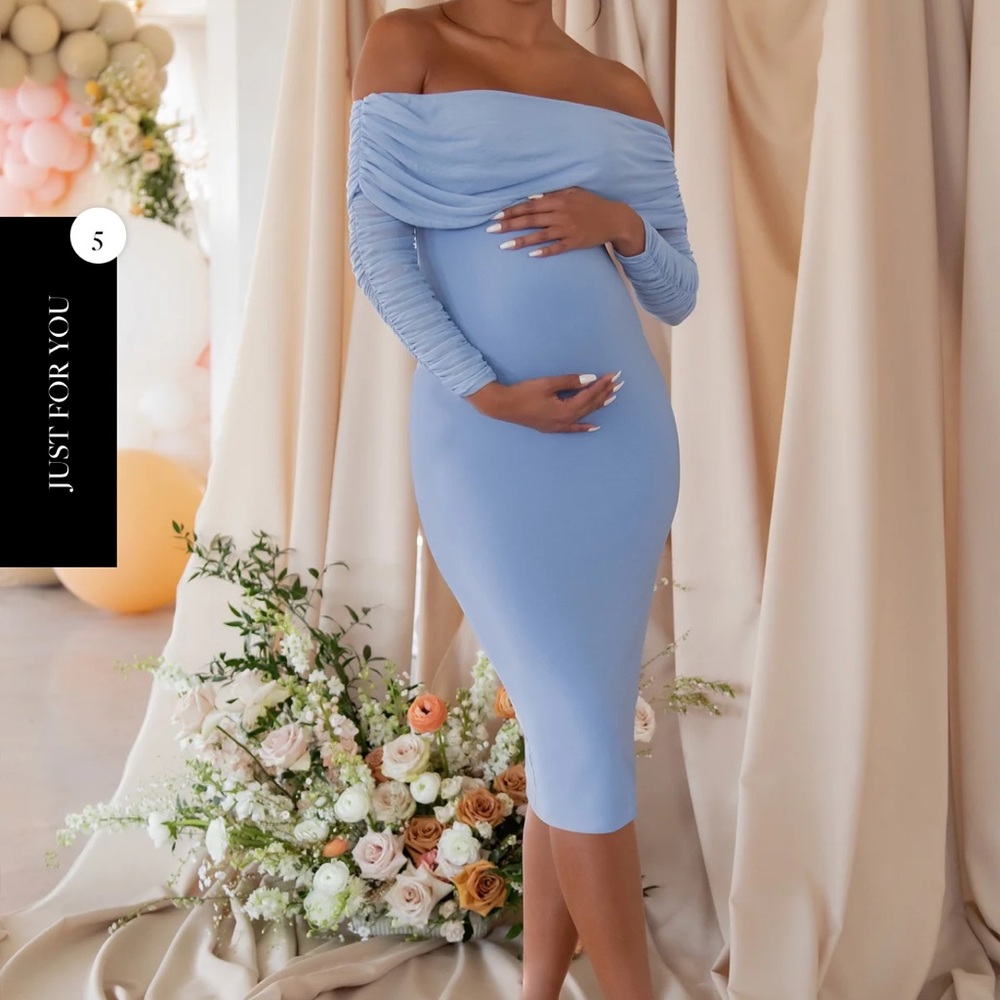 PATIENTLY WAITING
POWDER BLUE MATERNITY RUCHED MESH BARDOT MIDI DRESS SIZE 6